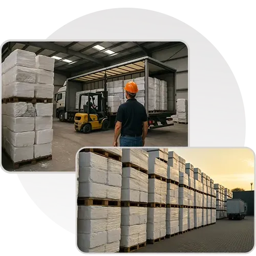 Stacked pallets of white blocks inside warehouse, worker in orange hat, forklift, and truck loading blocks.