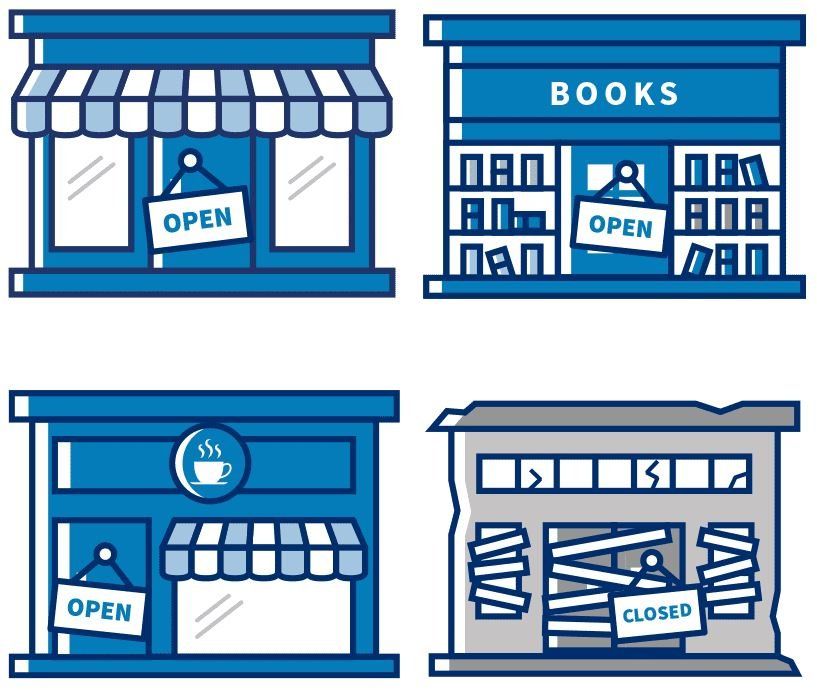 A cartoon illustration of a book store , a coffee shop , and a closed store.