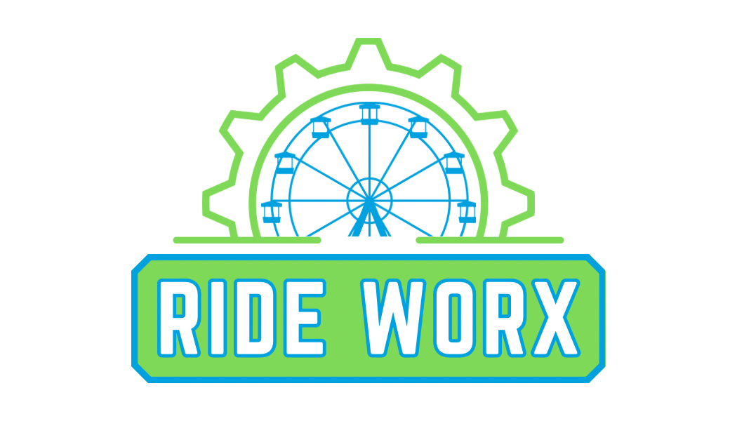 A logo for ride worx with a ferris wheel in the middle.