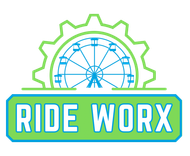 A logo for ride worx with a ferris wheel in the center