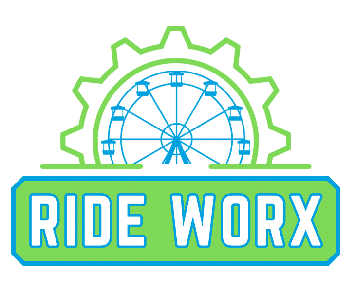 A logo for ride worx with a ferris wheel in the center