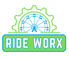 A logo for ride worx with a ferris wheel in the center