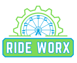 A logo for ride worx with a ferris wheel in the center