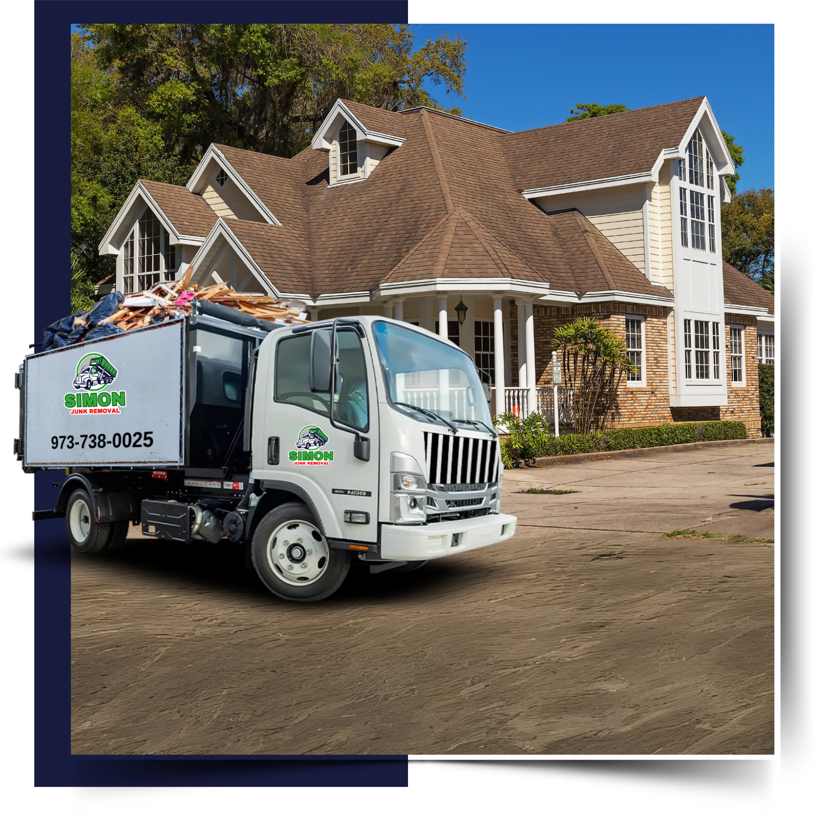 A Simon Junk Removal truck in front of a house