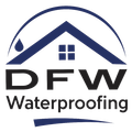 Logo of DFW Waterproofing. A blue roof with a water droplet. Black letters DFW over "Waterproofing."