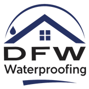 Logo of DFW Waterproofing. A blue roof with a water droplet. Black letters DFW over "Waterproofing."