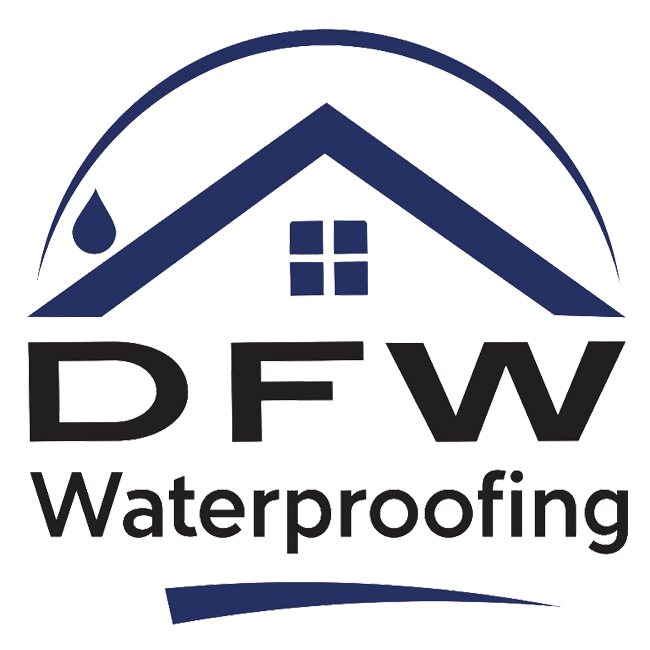 Logo of DFW Waterproofing. A blue roof with a water droplet. Black letters DFW over "Waterproofing."