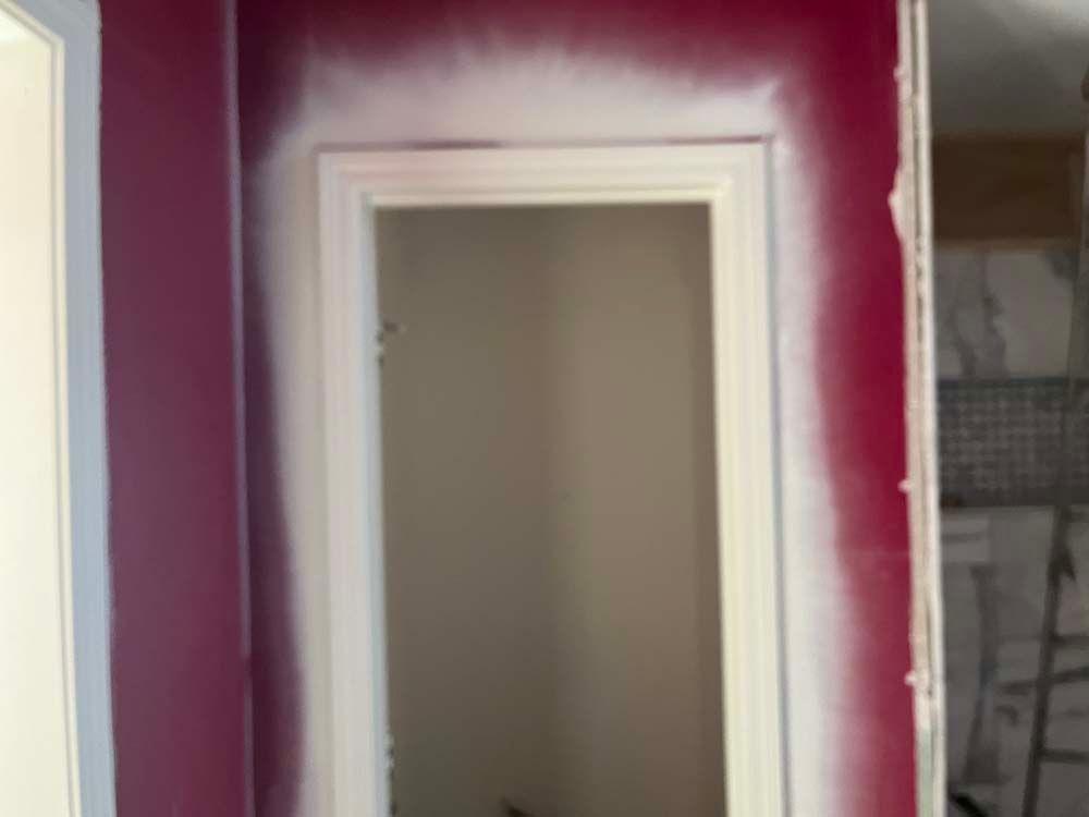 Hallway with a white door frame against a dark magenta wall, opening to a beige room.