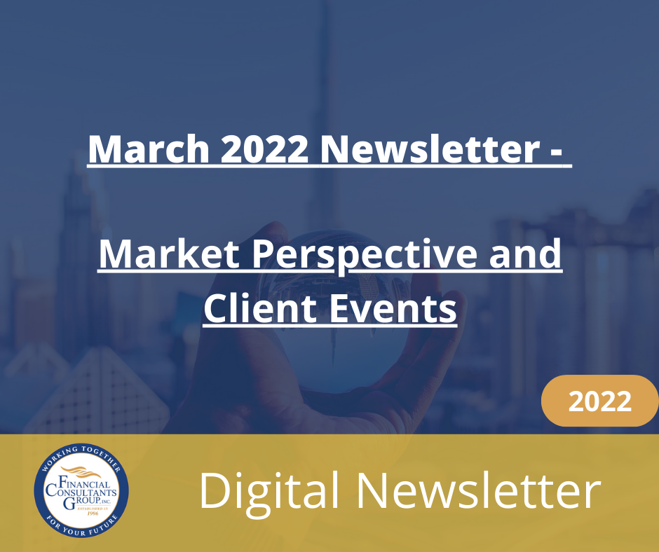 March 2022 newsletter cover: market perspective and client events, digital newsletter with logo and 2022 badge