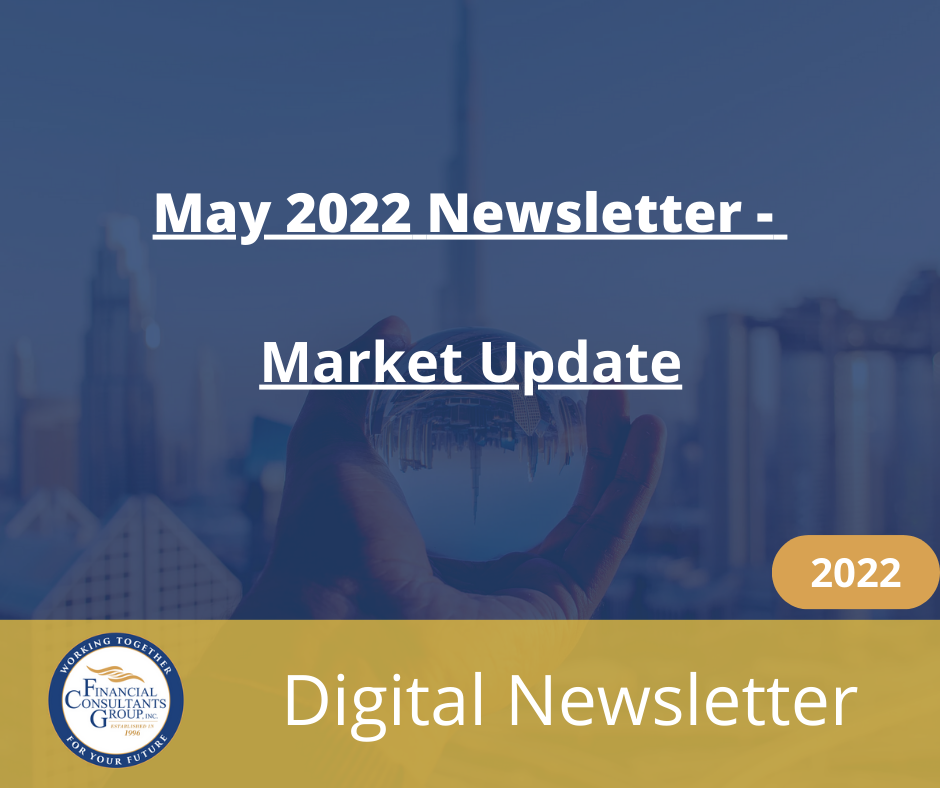 May 2022 newsletter cover, Market Update, with blue city skyline and gold Digital Newsletter banner