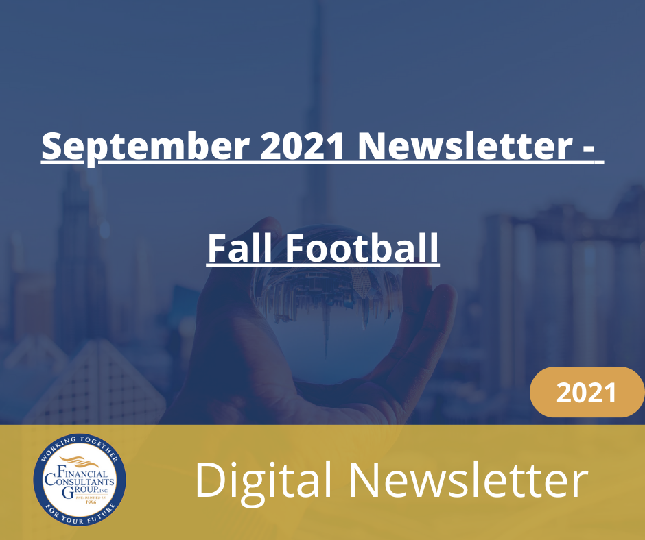 September 2021 Fall Football digital newsletter with blue stadium background and gold 2021 badge