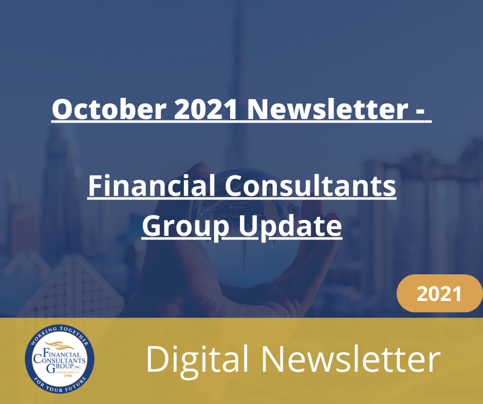 October 2021 Financial Consultants Group Update digital newsletter cover, blue and gold design, 2021 badge