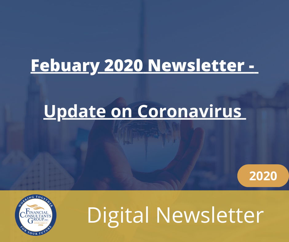 February 2020 newsletter cover: “Update on Coronavirus” and “Digital Newsletter” with city skyline background