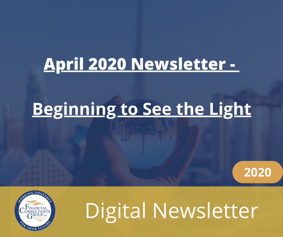 April 2020 newsletter cover, “Beginning to See the Light,” with “Digital Newsletter” and 2020 badge