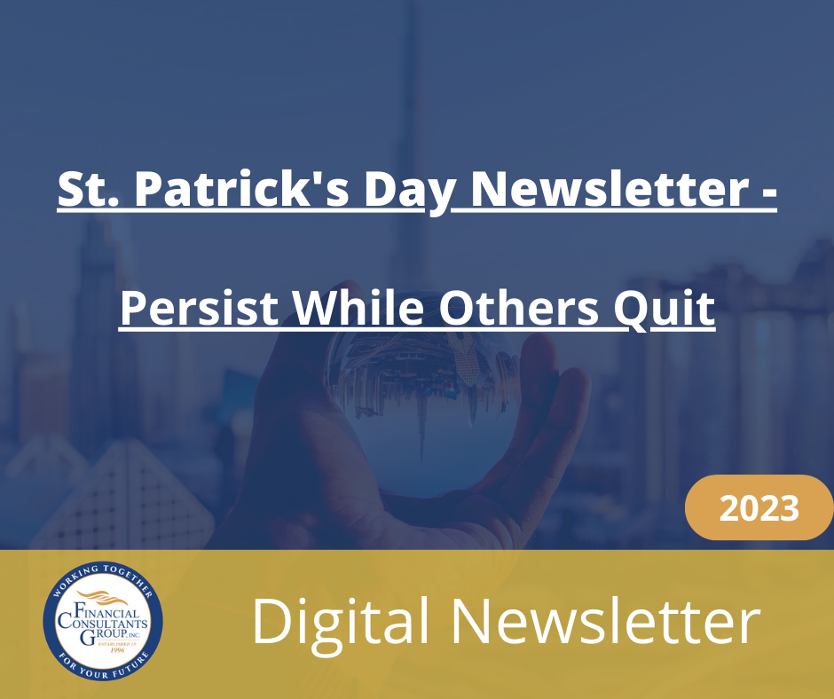 St. Patrick’s Day newsletter cover with city skyline, runner silhouette, and “Persist While Others Quit” text.