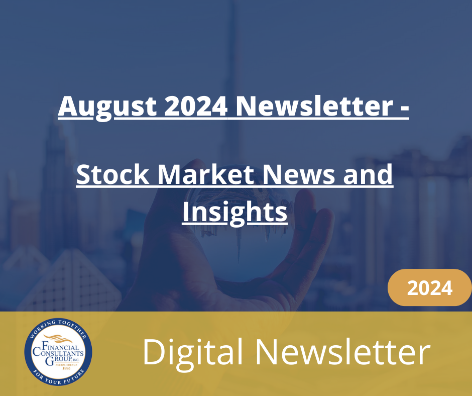 August 2024 newsletter cover: Stock Market News and Insights, digital newsletter with 2024 badge