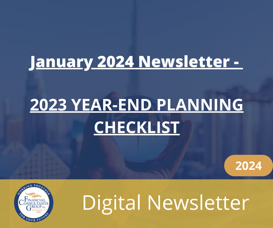January 2024 newsletter cover: 2023 year-end planning checklist, digital newsletter, blue and gold