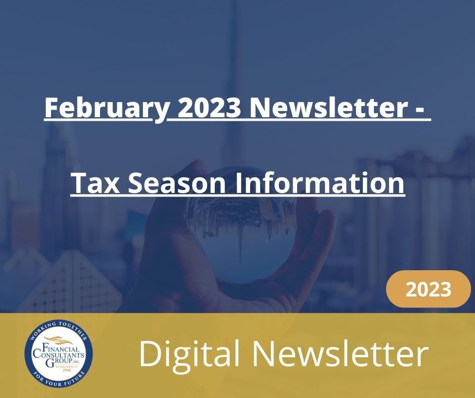 February 2023 newsletter cover: tax season information, digital newsletter, blue city skyline background