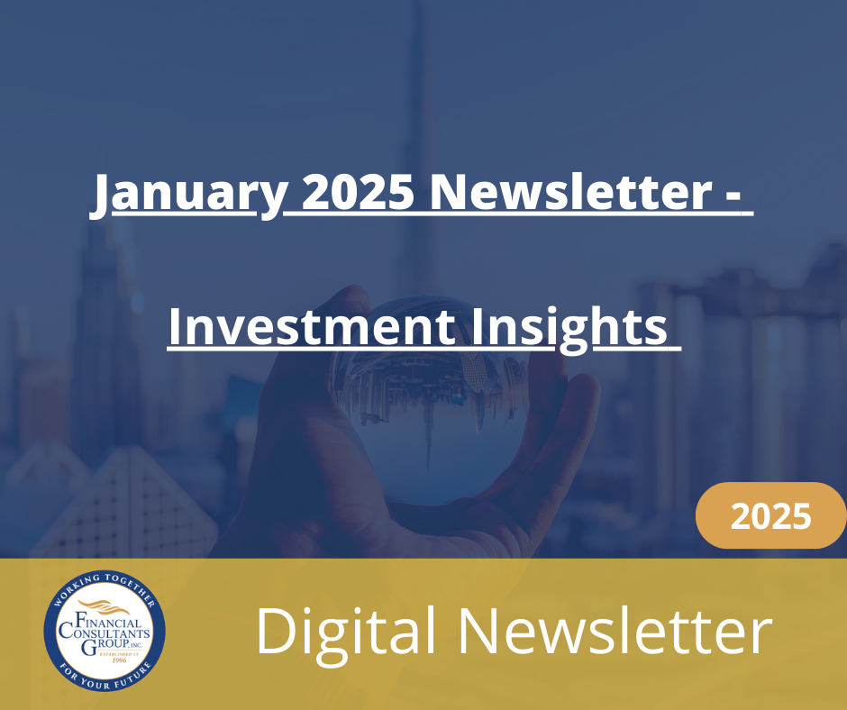 January 2025 newsletter cover: Investment Insights, Digital Newsletter, blue city background, 2025 badge