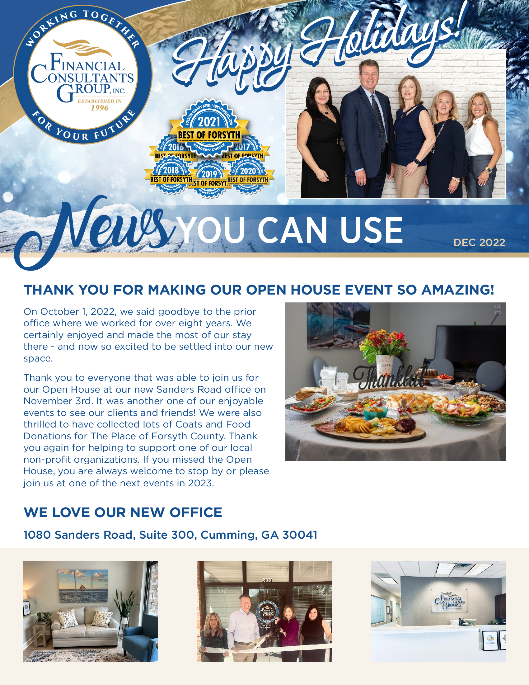 Holiday newsletter featuring a group photo, buffet table, and home interiors in blue-and-white design.