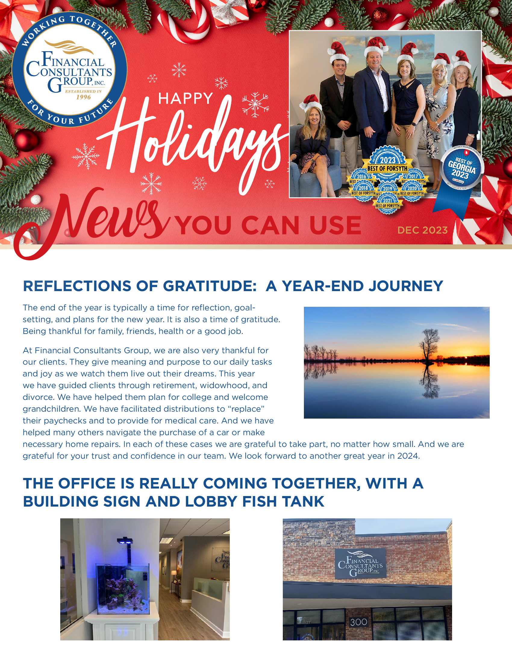 Holiday newsletter page with red festive header, group photo, and office updates about gratitude