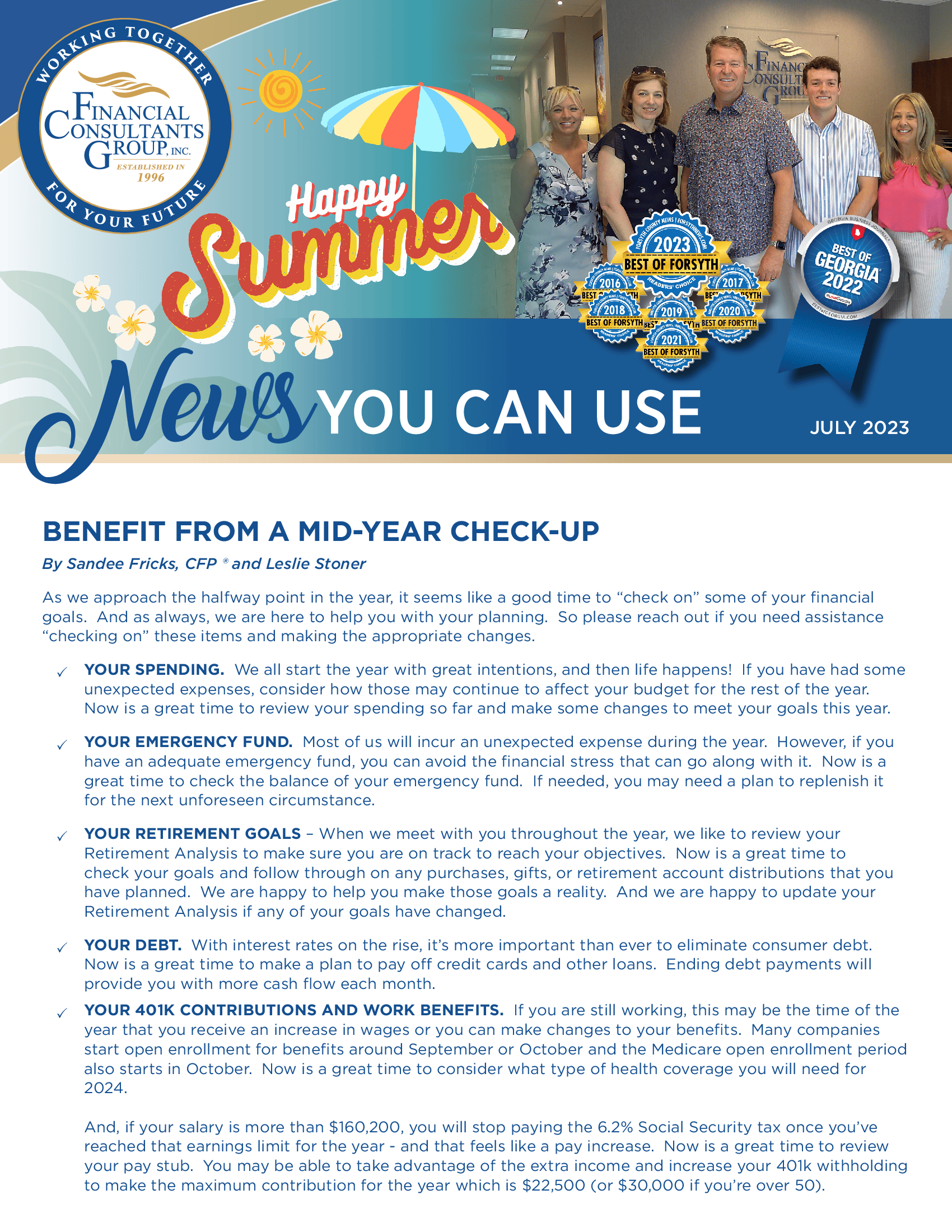 Colorful “Summer News You Can Use” newsletter with clinic logo, family photo, umbrella graphic, and text blocks