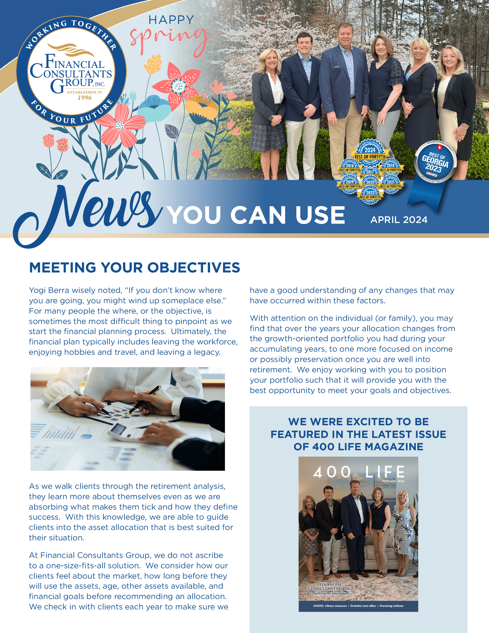 Newsletter cover with group photo, blue spring-themed design, and “News You Can Use” headline