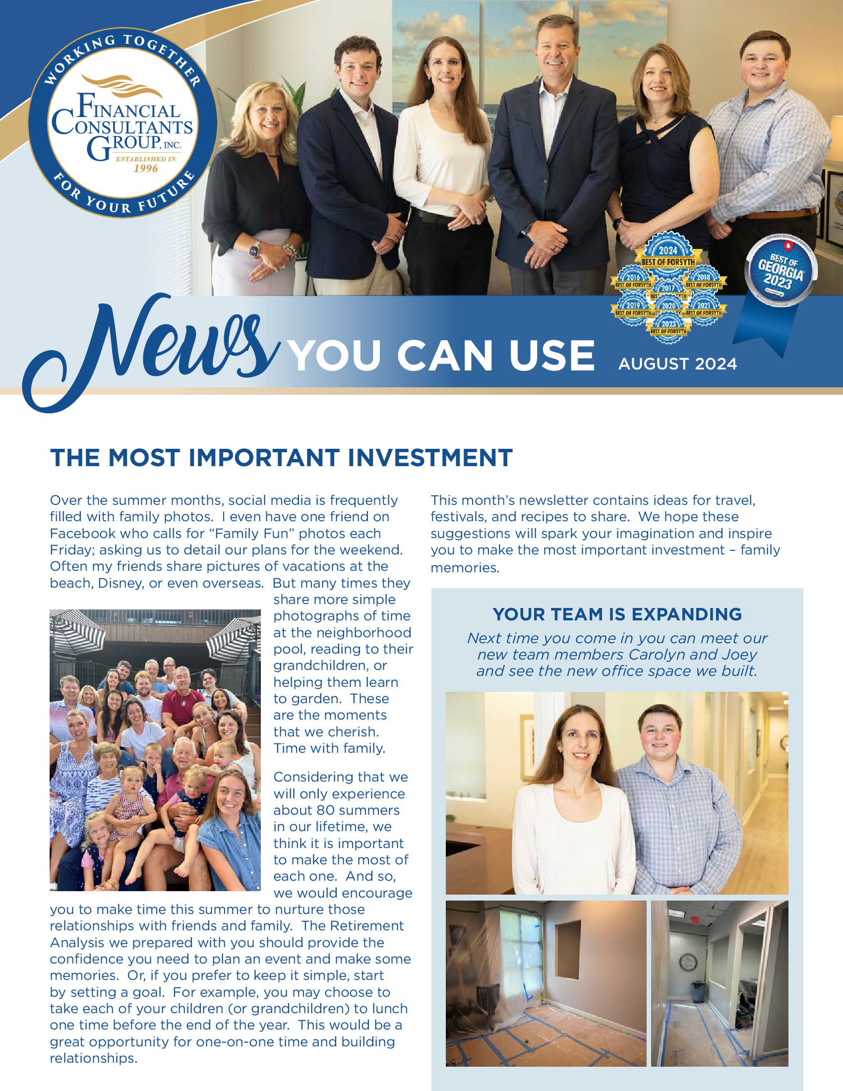 Newsletter page with group portrait, article text, and smaller photos in a blue and white layout