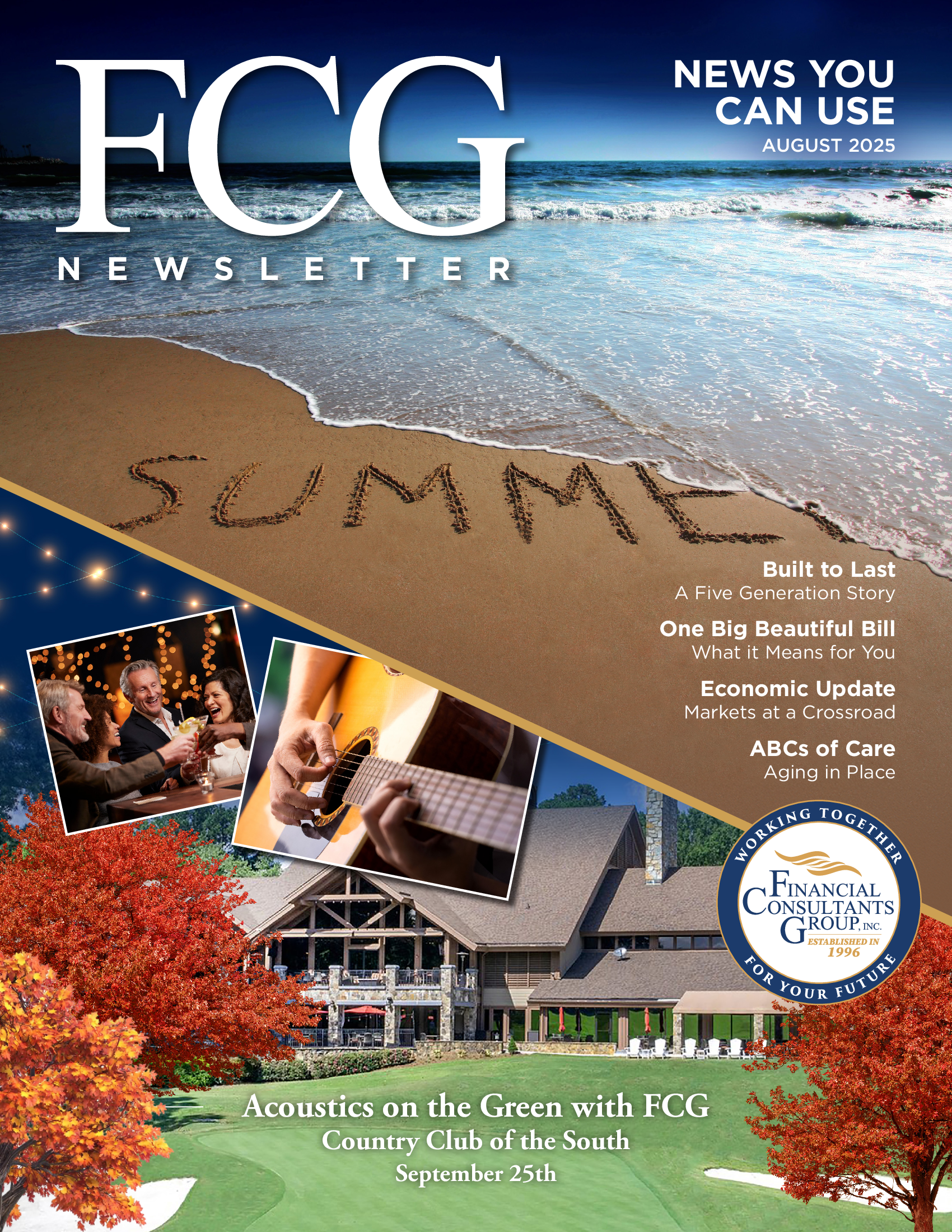 FCG newsletter cover with beach, summer sand art, church photo, and event listings