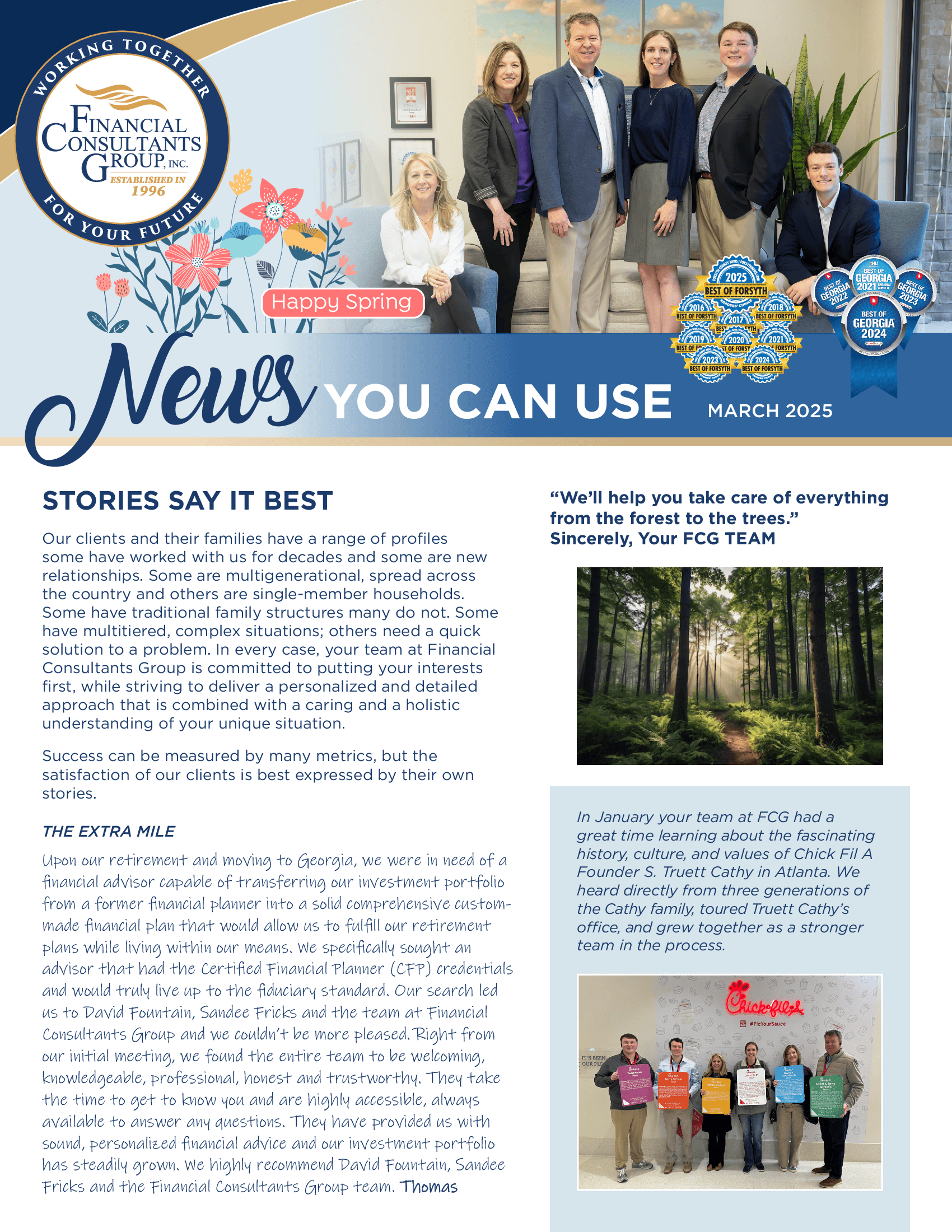 Community newsletter cover with group photo, forest scene, and small event photos on a blue-and-white page