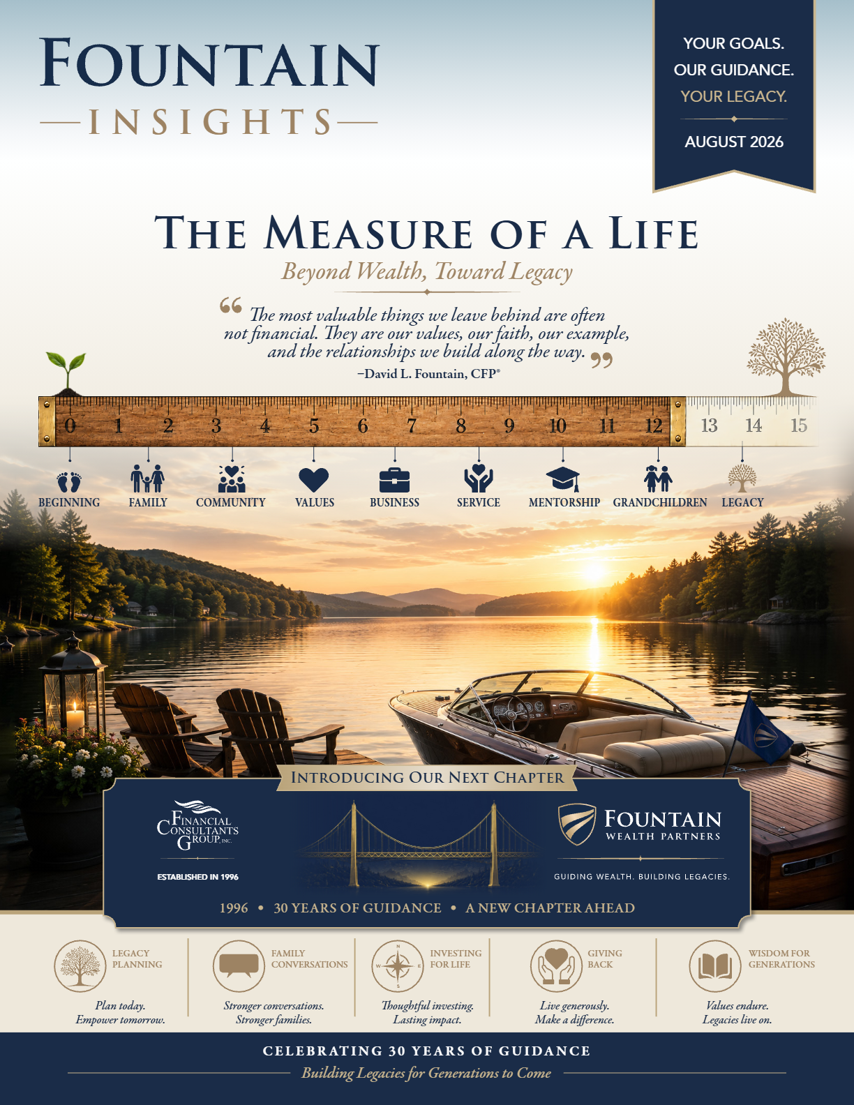 Fountain Insights “The Measure of a Life” brochure with sunset river and bridge illustration