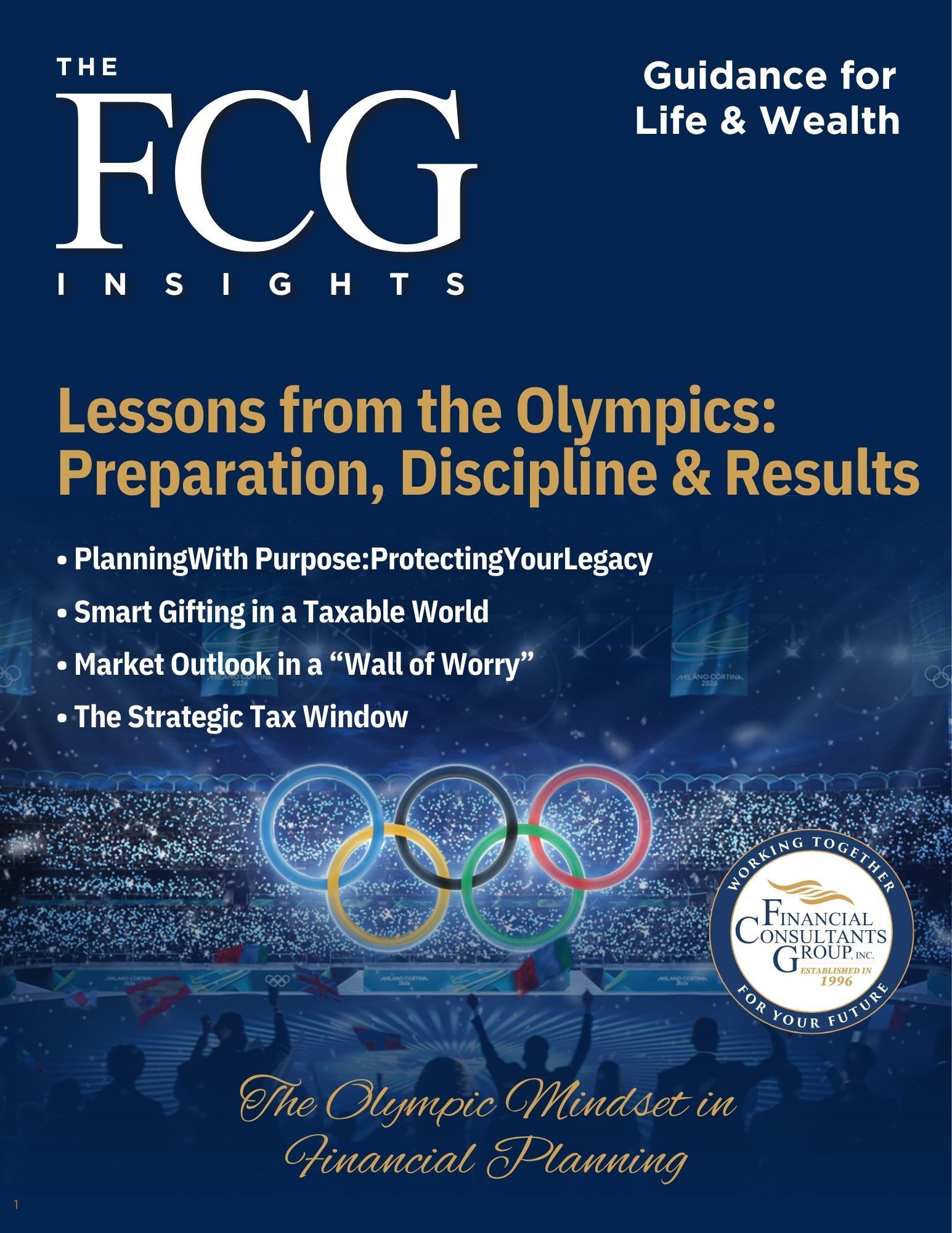 FCG Insights magazine cover on Olympics lessons, blue background with Olympic rings and gold script title.