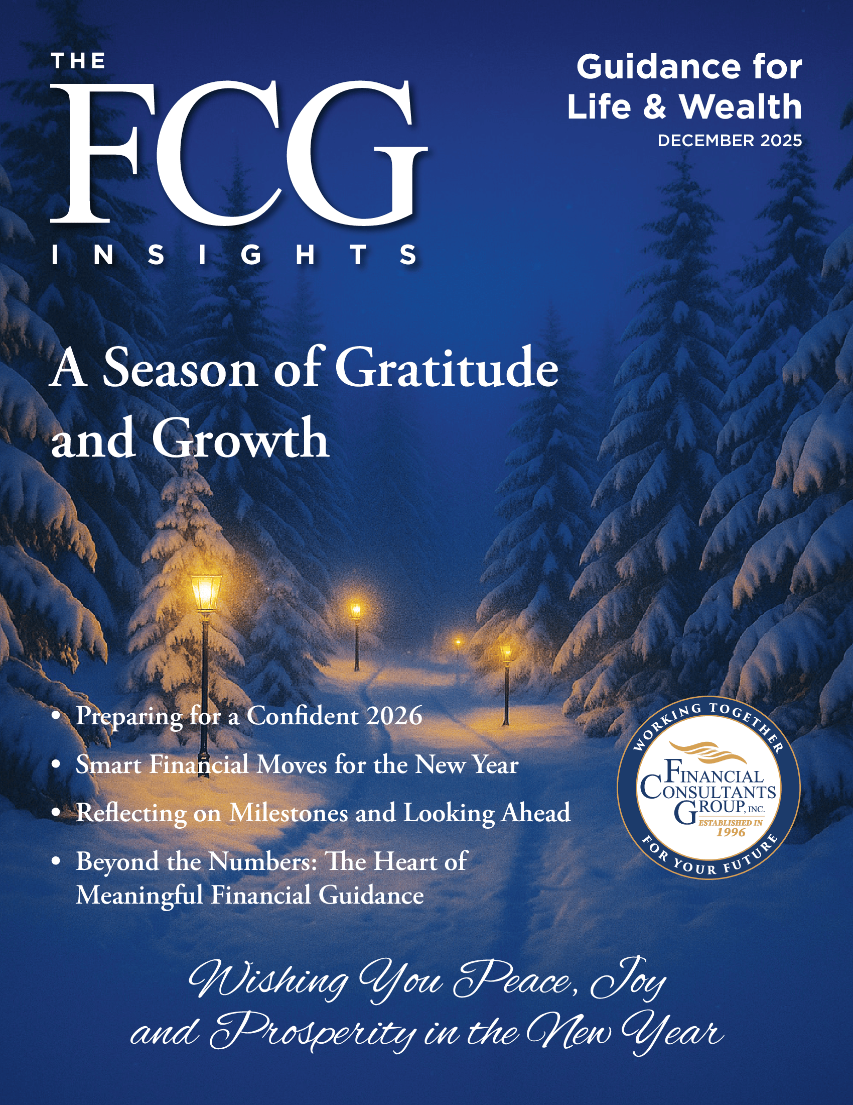 FCG Insights cover: snowy blue winter scene with glowing lantern, titled “A Season of Gratitude and Growth”
