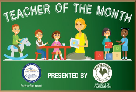 Teacher of the Month banner with cartoon students and teacher, presented by Crown Point and Pride of Cumming North