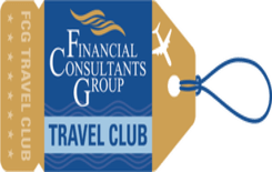 Financial Consultants Group Travel Club tag logo in blue, gold, and white with a blue looped string