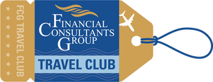 Financial Consultants Group Travel Club luggage tag in blue and gold with white text and a blue loop strap