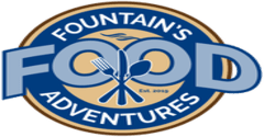 Fountain’s Food Adventures logo in blue and gold, with a stylized fork and spoon in the center.
