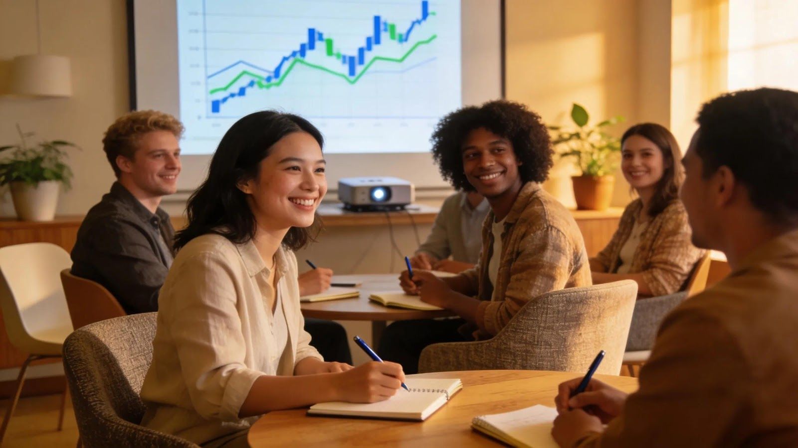 Team meeting in a bright office, people seated around a table with charts displayed on a screen.