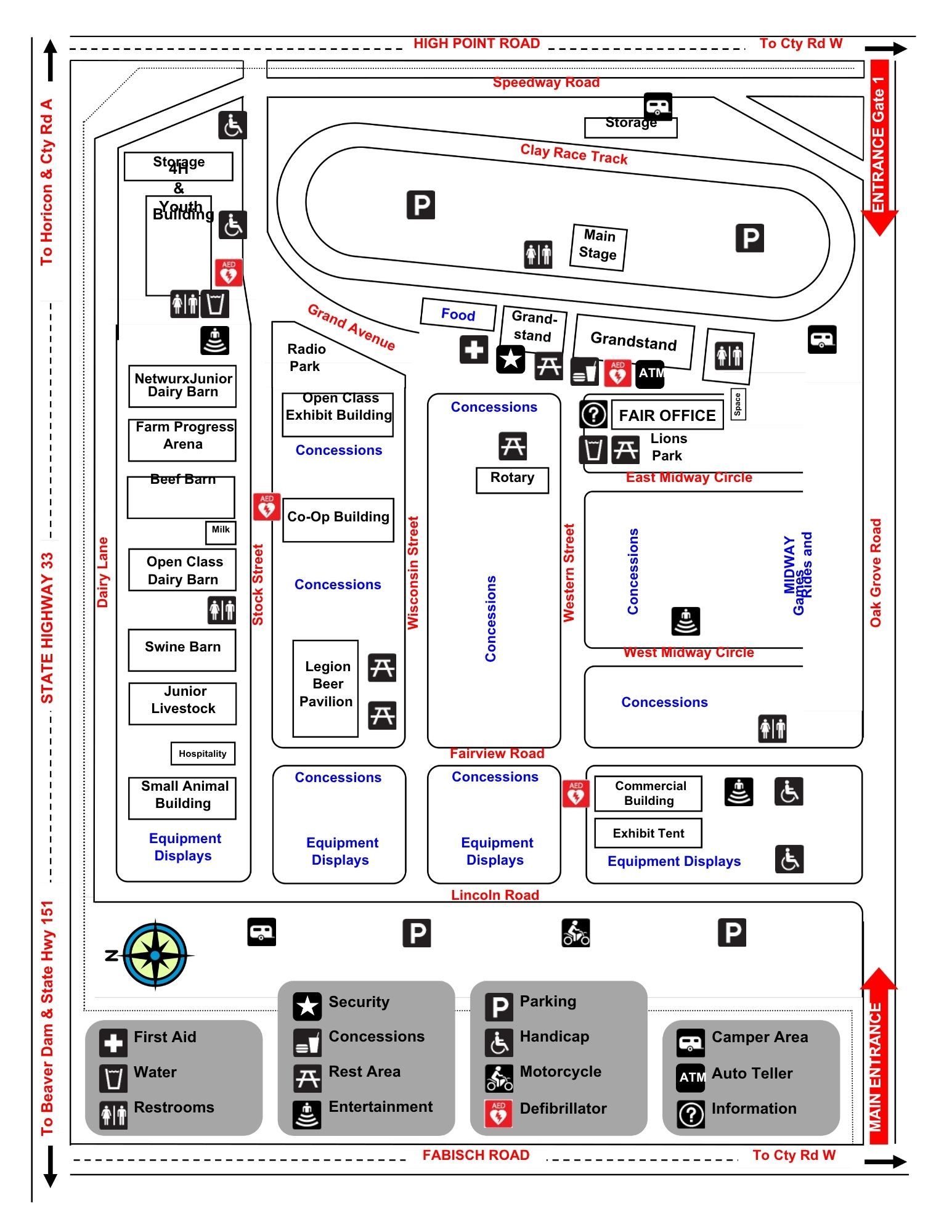 Annotated site map with numbered zones, paths, and red directional arrows on a white background
