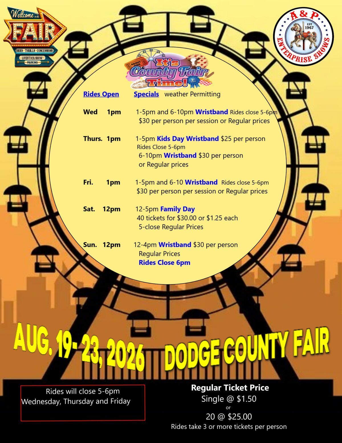 Dodge County Fair 2026 event poster with Ferris wheel and yellow sunset background