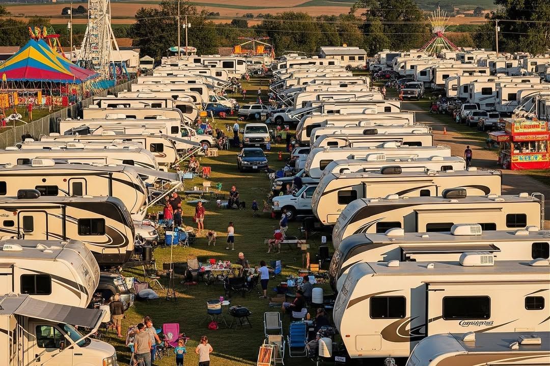 Crowded RV campground with rows of white trailers, tents, and people on a sunny day
