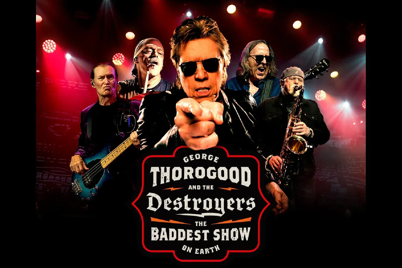 George Thorogood and the Destroyers concert poster with a frontman pointing at the viewer under red stage lights