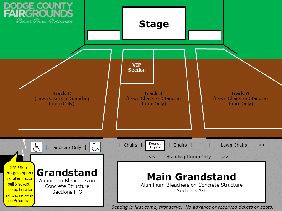 Dodge County Fairgrounds map showing stage, three track sections, and grandstand layout