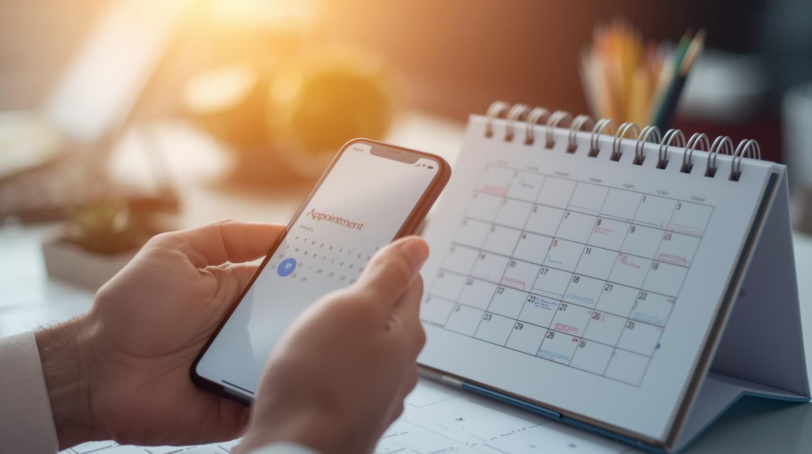 Person holding a phone with a calendar app open next to a paper calendar on a desk, bathed in sunlight.