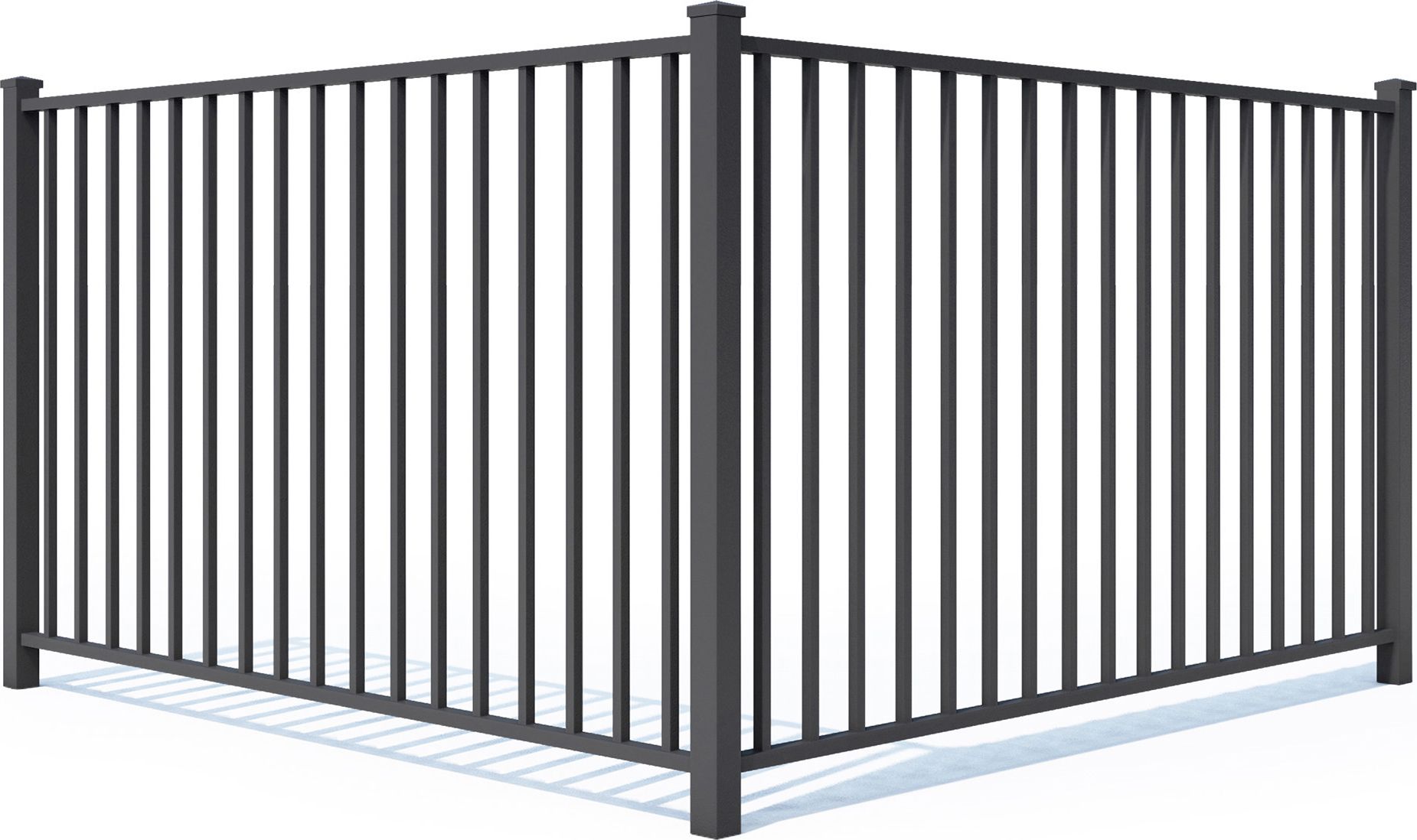 A black metal fence with a gate open on a white background.