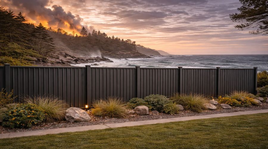 Coastal aluminum privacy fence overlooking the ocean at sunset