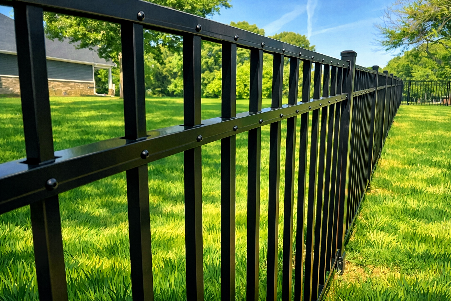 A black metal fence stretches across a green lawn toward a house in the background under a blue sky.