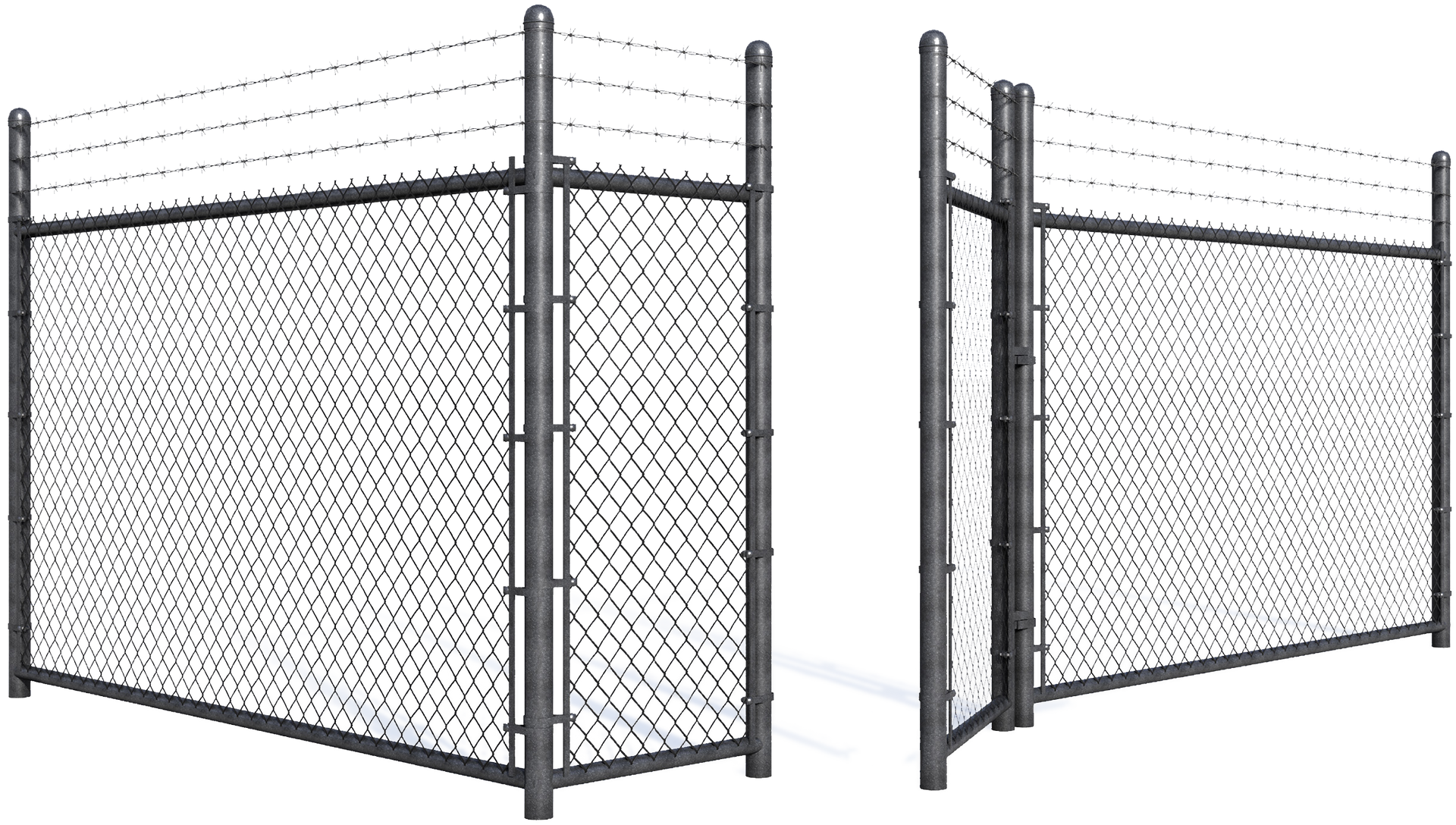 A chain link fence with a gate and barbed wire.