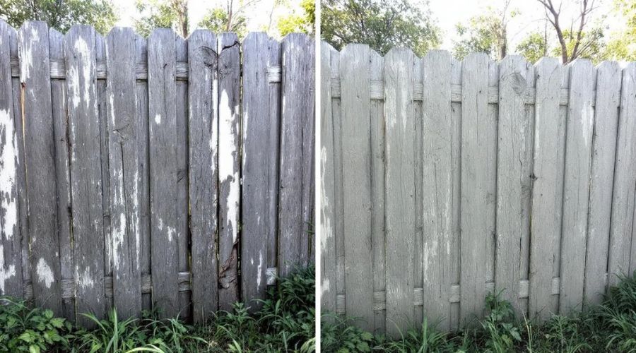 A before-and-after side-by-side comparison of a weathered wooden picket fence, highlighting the resu