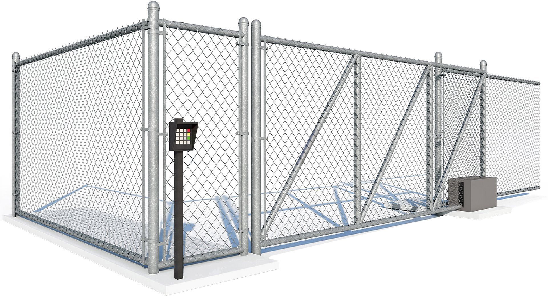 A chain link fence with a gate on a white background.